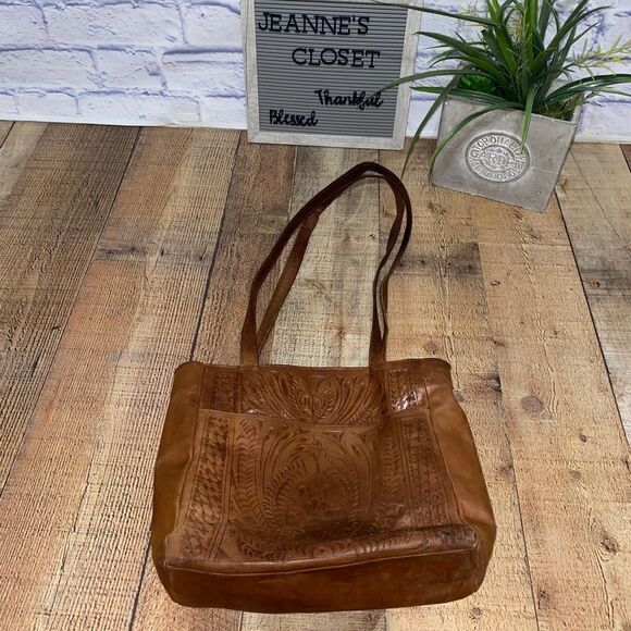 Texian Leathers tooled leather studded pony hair fur shoulder bag purse brown - Picture 13 of 13